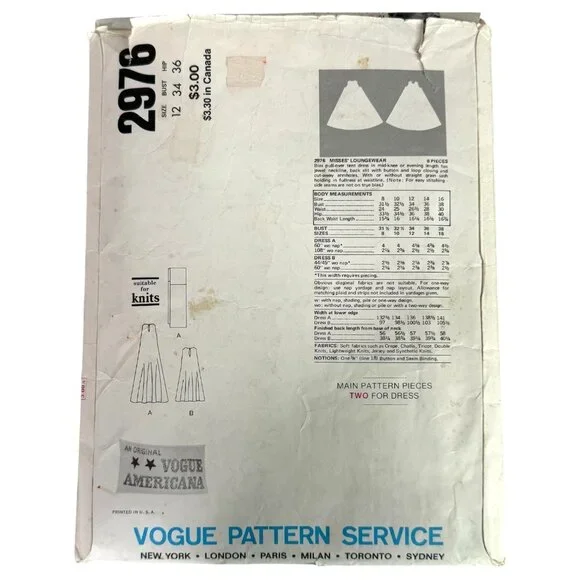 70s Vogue 2976 Sewing Pattern Size12 Stan Herman pull Over Tent Dress Uncut VTG - Picture 6 of 7